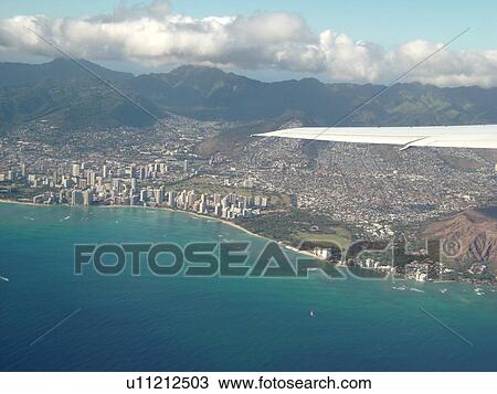 Stock Image -  Honolulu, Waikiki, Oahu, HI, Hawaii, aerial. Fotosearch
