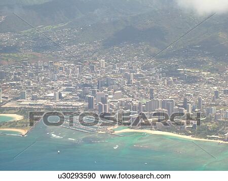 Stock Image -  Honolulu, Waikiki, Oahu, HI, Hawaii, aerial. Fotosearch