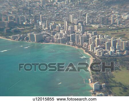 Stock Photography -  Honolulu, Waikiki, Oahu, HI, Hawaii, aerial. Fotosearch