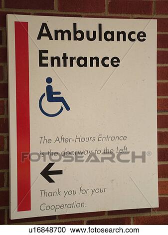 Stock Image -  hospital sign, Ambulance Entrance, Emergency, information sign. Fotosearch