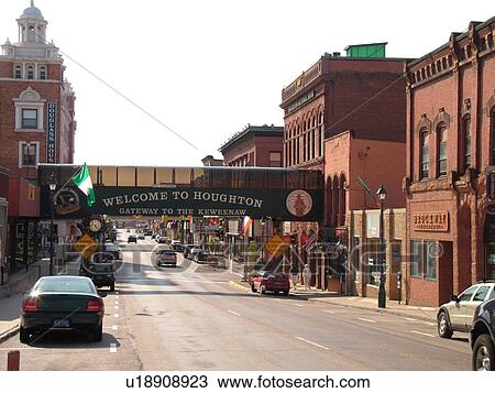 Stock Image -  Houghton, MI, Michigan, Downtown, pedestrian bridge, Gateway to the Keweenaw, welcome sign. Fotosearch