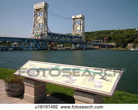 Stock Image -  Houghton/Hancock, MI, Michigan, Portage Lift Bridge, Portage Lake, Bridgeview Park. Fotosearch