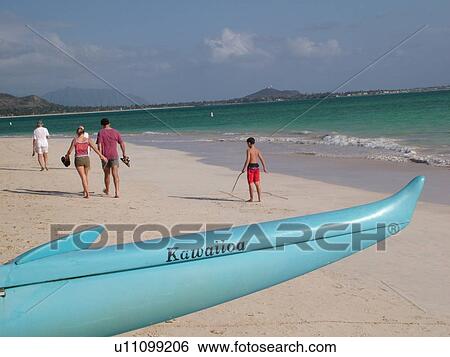 Stock Photograph -  Kailu, Oahu, HI, Hawaii, Windward Coast, Kailu beach, outrigger sea canoe. Fotosearch