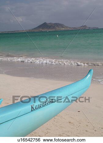 Stock Photograph -  Kailu, Oahu, HI, Hawaii, Windward Coast, Kailu beach, outrigger sea canoe. Fotosearch