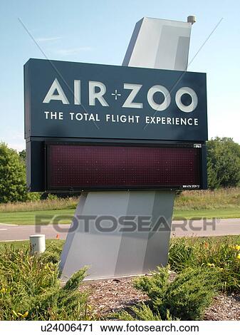 Stock Image -  Kalamazoo, MI, Michigan, Air Zoo, entrance sign. Fotosearch