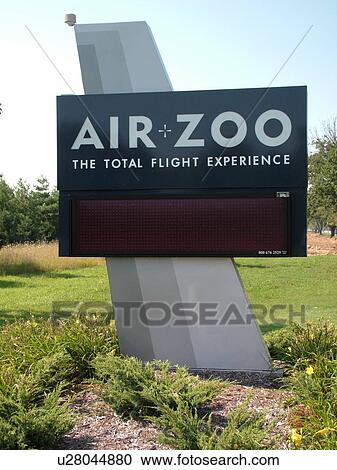 Stock Image -  Kalamazoo, MI, Michigan, Air Zoo, entrance sign. Fotosearch