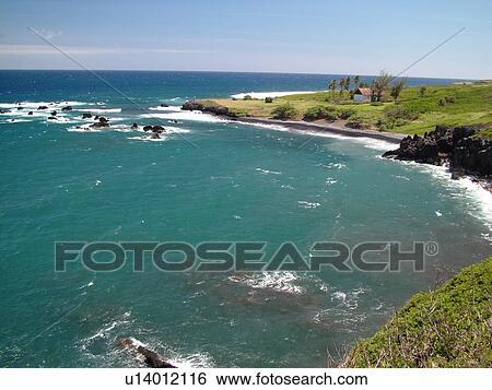 Stock Photograph -  Kaupo, Piilani Highway, Maui, HI, Hawaii, East Maui, Waiuha Bay, Hui Aloha Church. Fotosearch