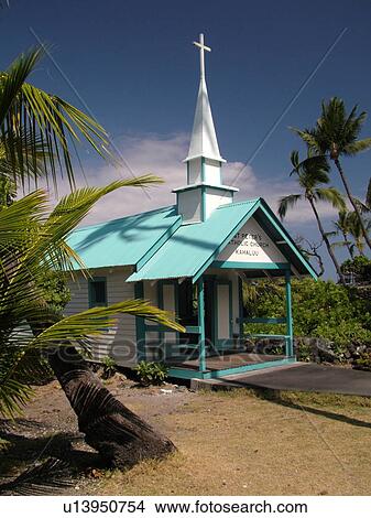 Picture -  Keauhou, Big Island, Island of Hawaii, HI, Hawaii, Kona Coast, Leeward, West Coast, St. Peter's Church ca. 1880, Blue & White Catholic Church. Fotosearch