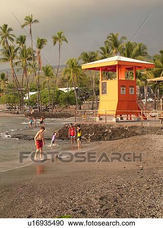 Stock Image -  Keauhou, Big Island, Island of Hawaii, HI, Hawaii, Kona Coast, Kahaluu beach, lifeguard hut. Fotosearch