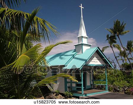 Stock Photography -  Keauhou, Big Island, Island of Hawaii, HI, Hawaii, Kona Coast, Leeward, West Coast, St. Peter's Church ca. 1880, Blue & White Catholic Church. Fotosearch