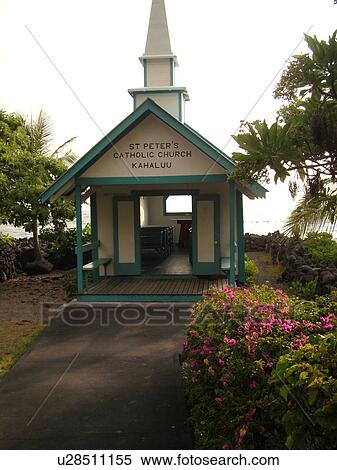 Stock Photography -  Keauhou, Big Island, Island of Hawaii, HI, Hawaii, Kona Coast, Leeward, West Coast, St. Peter's Church ca. 1880, Blue & White Catholic Church. Fotosearch