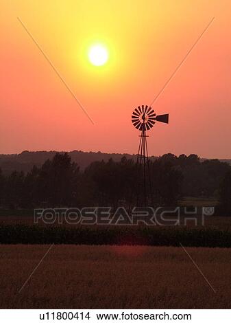 Picture -  Kewaunee County, WI, Wisconsin, windmill, sunset. Fotosearch