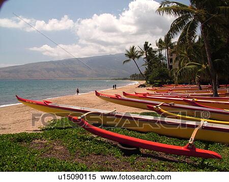 Stock Photography -  Kihei, Maui, HI, Hawaii, Leeward Coast, Maalaea Bay, Kamaloe, Kamaloe Beach, Southwestern Coast, sea outrigger canoes. Fotosearch