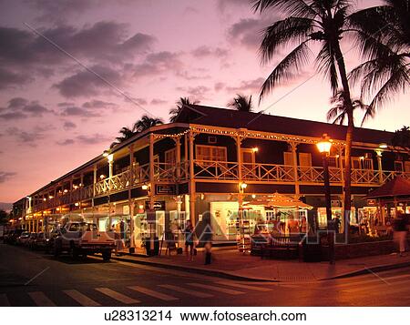 Picture -  Lahaina, Maui, HI, Hawaii, West Maui, Historic Downtown, Historic Pioneer Inn, evening, shops. Fotosearch