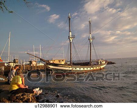Stock Image -  Lahaina, Maui, HI, Hawaii, West Maui, Lahaina Harbor, Carthaginian, old whaling ship. Fotosearch