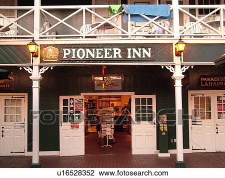 Stock Image -  Lahaina, Maui, HI, Hawaii, West Maui, Historic Downtown, Historic Pioneer Inn, shops. Fotosearch