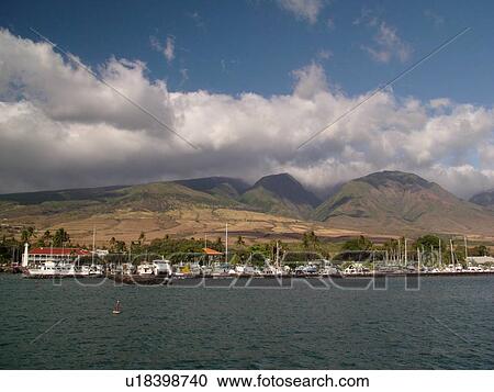 Stock Image -  Lahaina, Maui, HI, Hawaii, West Maui, Lahaina Harbor, Auau Channel, West Maui Mountains. Fotosearch