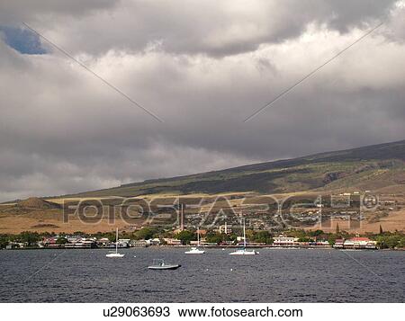Stock Image -  Lahaina, Maui, HI, Hawaii, West Maui, Lahaina Harbor, Auau Channel, West Maui Mountains. Fotosearch