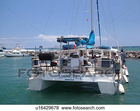 Stock Photo -  Lahaina, Maui, HI, Hawaii, West Maui, Lahaina Harbor, catamaran. Fotosearch