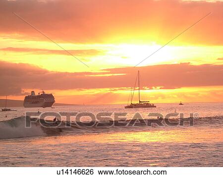 Stock Photograph -  Lahaina, Maui, HI, Hawaii, West Maui, Lahaina Harbor, Auau Channel, sunset, cruise ship. Fotosearch