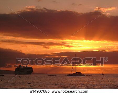 Stock Photography -  Lahaina, Maui, HI, Hawaii, West Maui, Lahaina Harbor, Auau Channel, sunset, cruise ship. Fotosearch