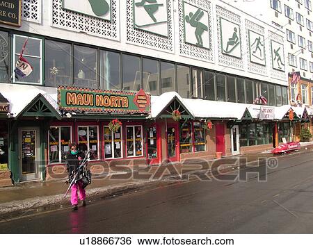 Stock Photograph -  Lake Placid, NY, New York, Shops along Main Street, Maui North, winter and summer resort town, site of 1932 & 1980 Olympic Games. Fotosearch