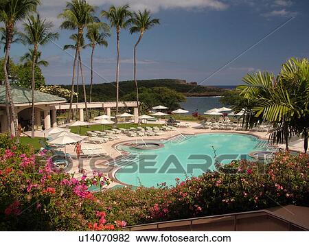 Stock Image -  Lanai, HI, Hawaii, Hulopoe Bay, Manele Bay Hotel. Fotosearch