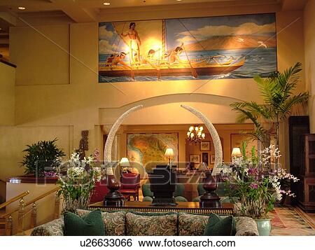 Stock Photograph -  Lanai, HI, Hawaii, Hulopoe Bay, Manele Bay Hotel, paintings on the wall. Fotosearch