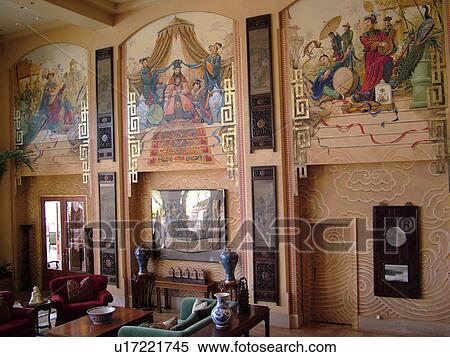 Stock Photography -  Lanai, HI, Hawaii, Hulopoe Bay, Manele Bay Hotel, paintings on the wall. Fotosearch