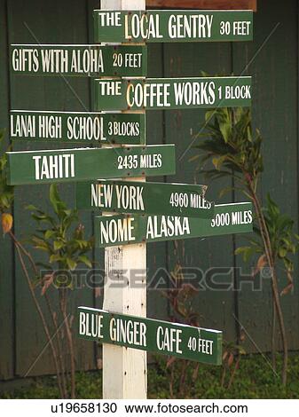 Lanai, HI, Hawaii, Lanai City, direction, mile signs, information View Large Photo Image Stock Image - Lanai, HI, Hawaii, Lanai City, direction, mile signs, information. Fotosearch