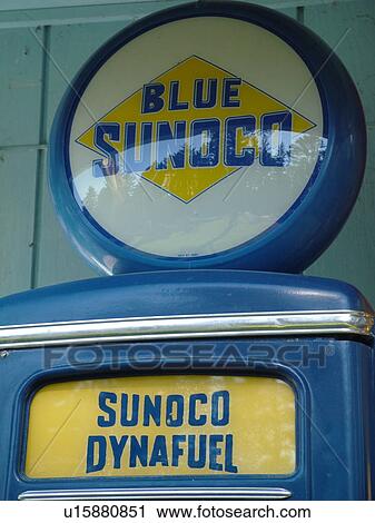 Stock Image -  Littletown, NH, New Hampshire, Antique Gas Station Signs, fuel companies. Fotosearch