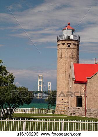Mackinaw City, MI, Michigan, Lake Michigan, Lake Huron, lighthouse, Mackinaw Bridge View Large Photo Image Stock Image - Mackinaw City, MI, Michigan, Lake Michigan, Lake Huron, lighthouse, Mackinaw Bridge. Fotosearch