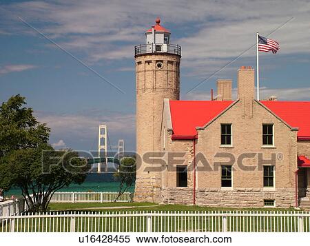 Stock Photography -  Mackinaw City, MI, Michigan, Lake Michigan, Lake Huron, lighthouse, Mackinaw Bridge. Fotosearch