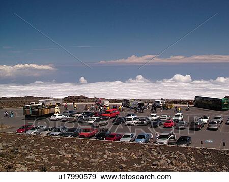 Stock Photo -  Maui, HI, Hawaii, Haleakala National Park, Haleakala Visitor Center Overlook, parking lot. Fotosearch