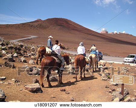 Stock Photo -  Maui, HI, Hawaii, Haleakala National Park, horseback riding on the volcano. Fotosearch