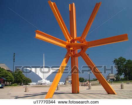 Picture -  Milwaukee, WI, Wisconsin, Downtown, Milwaukee Art Museum, large orange sculpture. Fotosearch