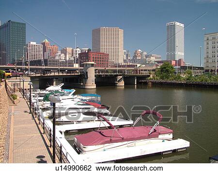 Stock Image -  Milwaukee, WI, Wisconsin, Downtown, skyline, Milwaukee River, marina. Fotosearch