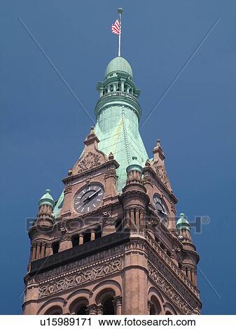 Stock Image -  Milwaukee, WI, Wisconsin, Downtown, City Hall, 1895 Flemish Renaissance style, clock tower. Fotosearch