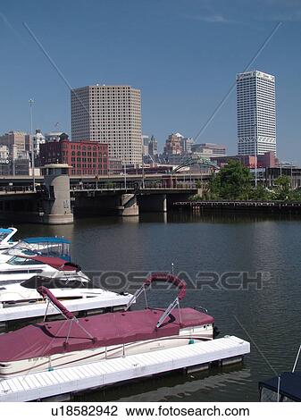 Stock Image -  Milwaukee, WI, Wisconsin, Downtown, skyline, Milwaukee River, marina. Fotosearch