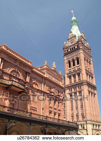 Stock Image -  Milwaukee, WI, Wisconsin, Downtown, Pabst Theater (Victorian Baroque style), City Hall (1895 Flemish Renaissance style). Fotosearch