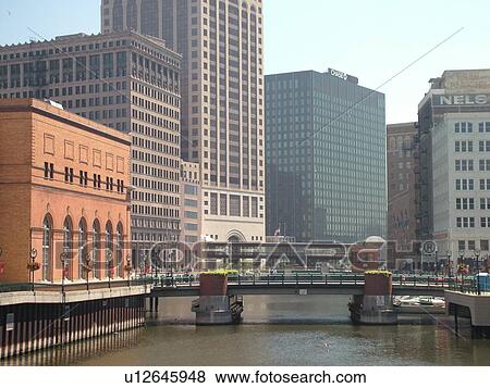 Stock Photo -  Milwaukee, WI, Wisconsin, Downtown, skyline, Milwaukee River. Fotosearch