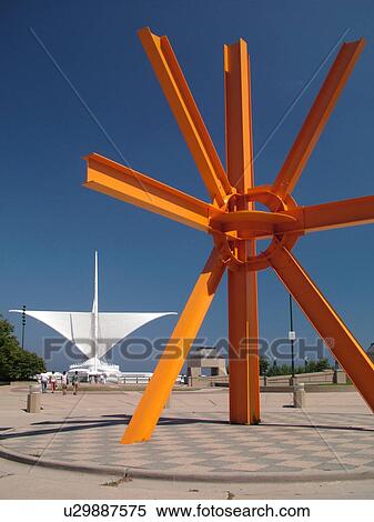 Stock Photography -  Milwaukee, WI, Wisconsin, Downtown, Milwaukee Art Museum, large orange sculpture. Fotosearch