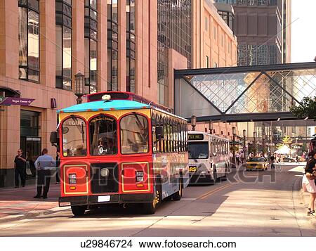 Picture -  Minneapolis, MN, Minnesota, Twin Cities, Downtown, Nicollet Avenue, trolley bus. Fotosearch