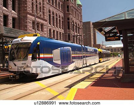 Stock Image -  Minneapolis, MN, Minnesota, Twin Cities, Downtown, Government Plaza, Metro Transit, light rail, tram, train. Fotosearch
