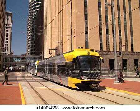 Stock Photo -  Minneapolis, MN, Minnesota, Twin Cities, Downtown, Government Plaza, Metro Transit, light rail, tram, train. Fotosearch