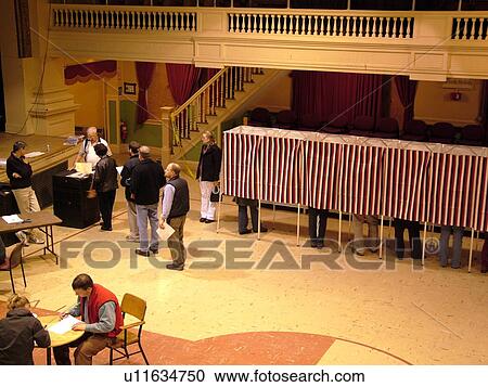 Stock Image -  Montpelier, VT, Vermont, City Hall, interior, Election Day, 2004, Voting Booths. Fotosearch