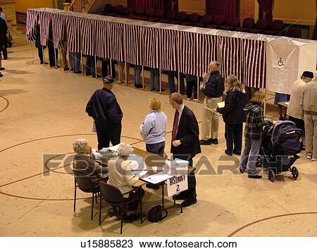 Stock Image -  Montpelier, VT, Vermont, City Hall, interior, Election Day, 2004, Voting Booths. Fotosearch