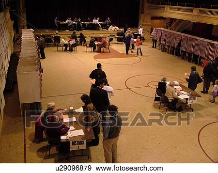 Stock Photo -  Montpelier, VT, Vermont, City Hall, interior, Election Day, 2004, Voting Booths. Fotosearch