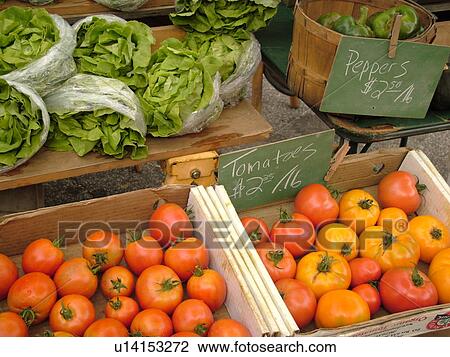 Stock Image -  Montpelier, VT, Vermont, Farmer's Market, Tomatoes, Green Peppers, Lettuce. Fotosearch