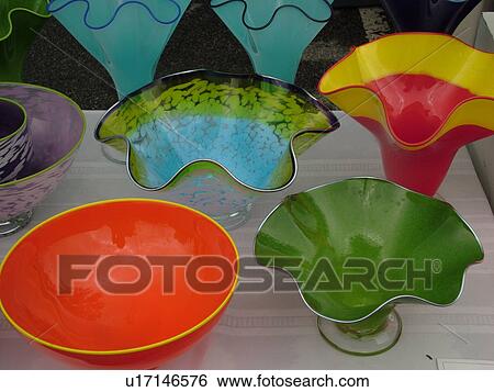 Stock Photograph -  Montpelier, VT, Vermont, Farmer's Market, hand-made glassware. Fotosearch